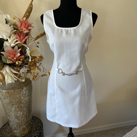 Vintage Wrapper Fitted Square Neck White Textured Dress Silver Belt Accent - Picture 1 of 11